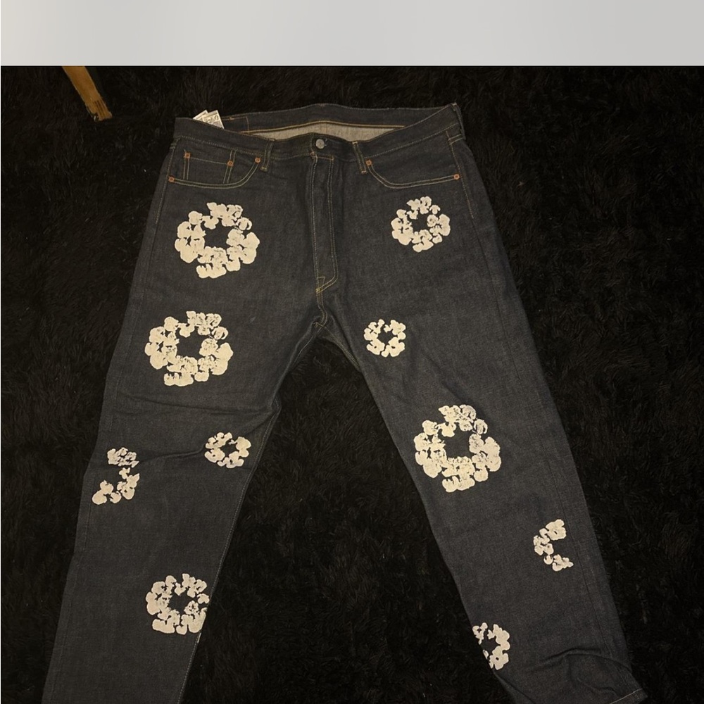 Men's Blue Jeans with White Floral Pattern